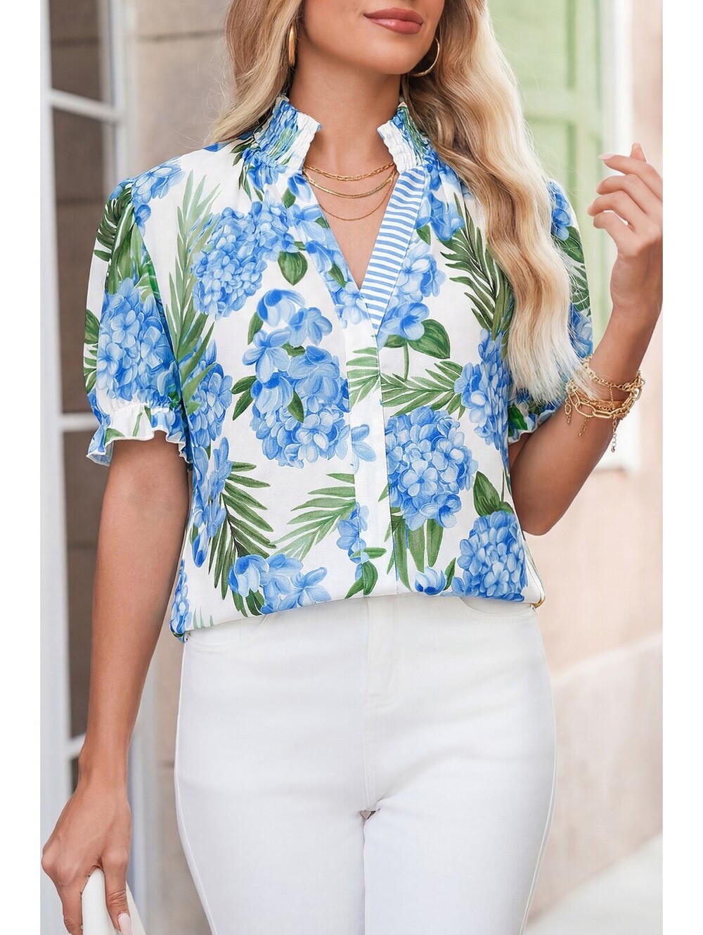 Women's Floral Print Short Sleeve Blouse with Ruffle Collar